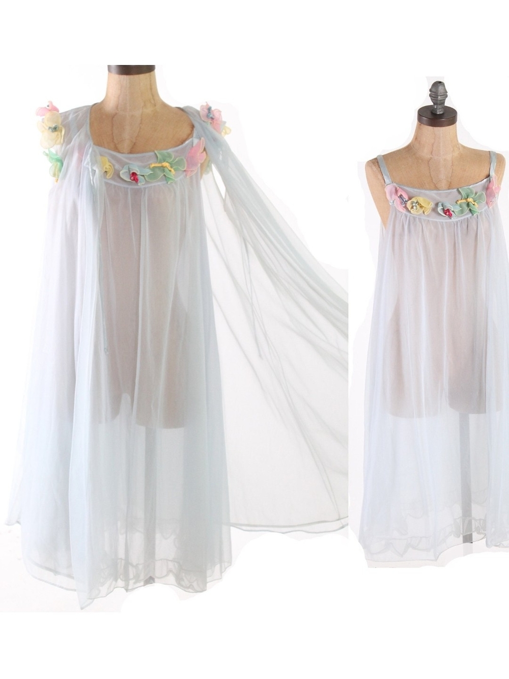Vintage Aristocraft Sheer Pale Blue Floral Appliqué Nightgown Set